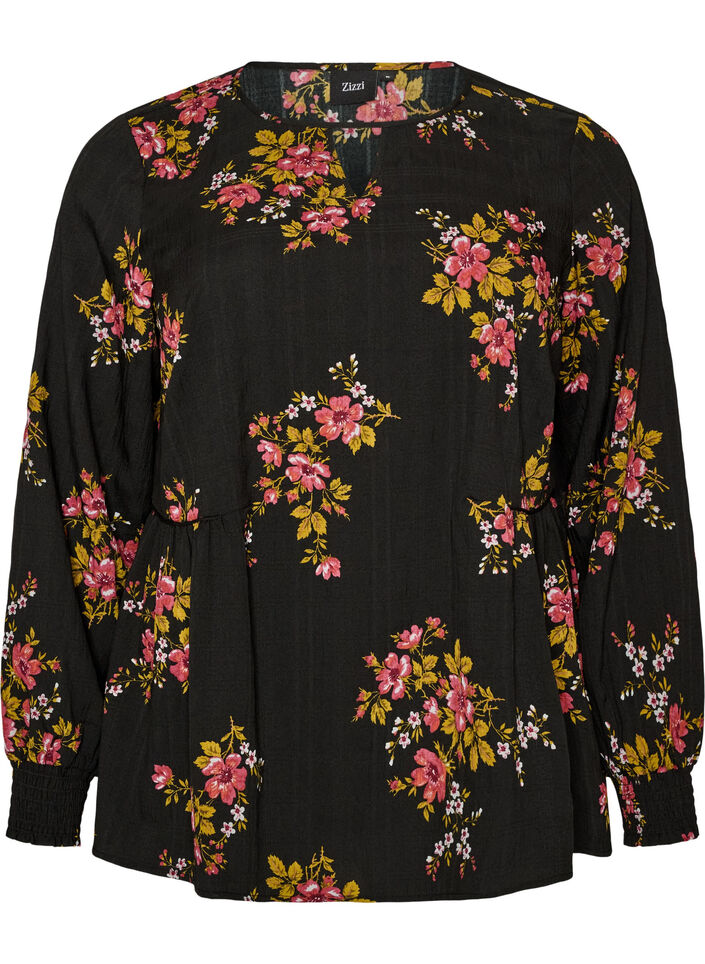 Lang&auml;rmelige Bluse mit gebl&uuml;mtem Muster, Schwarz, Packshot image number 0