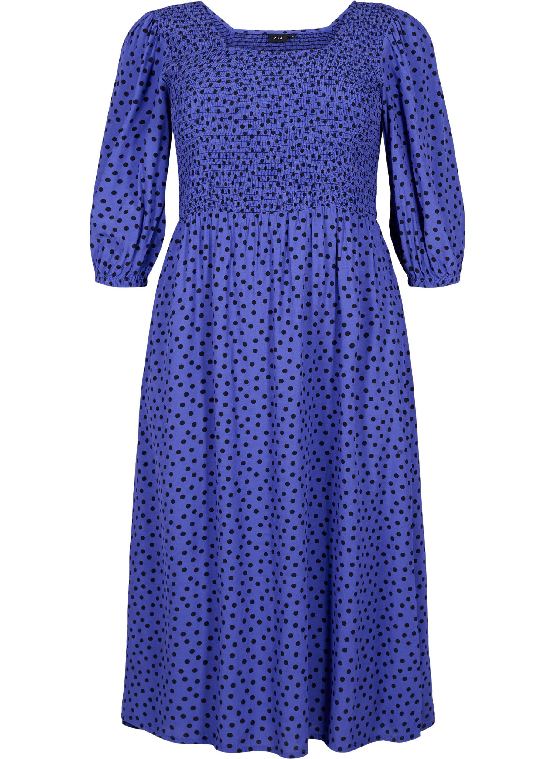 Zizzi Gepunktetes Kleid aus Viskose mit Smock, R.Blue w. Black Dot, Packshot image number 0