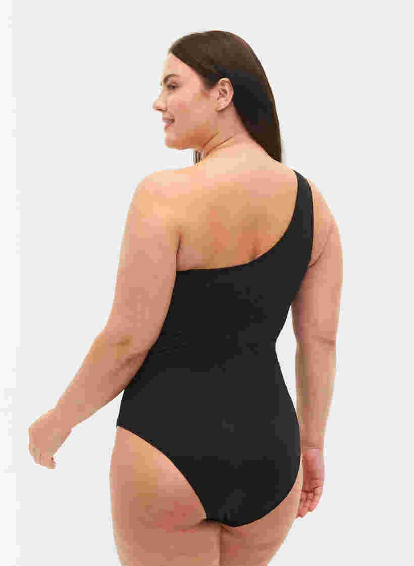 One-Shoulder-Badeanzug mit Mesh, Black, Model image number 1