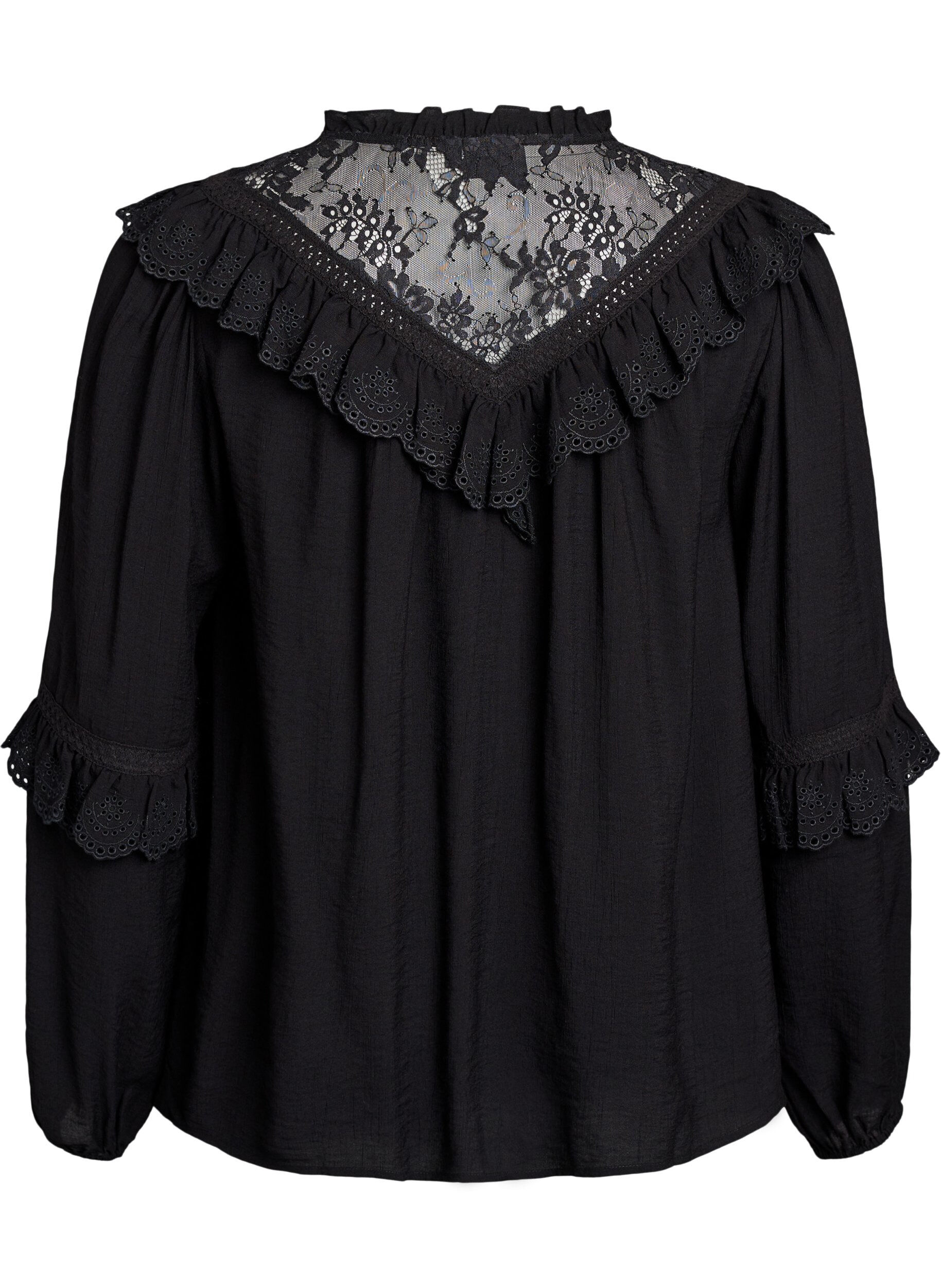 Zizzi Bluse aus Viskose mit Spitze und R&uuml;schen, Schwarz, Packshot image number 1