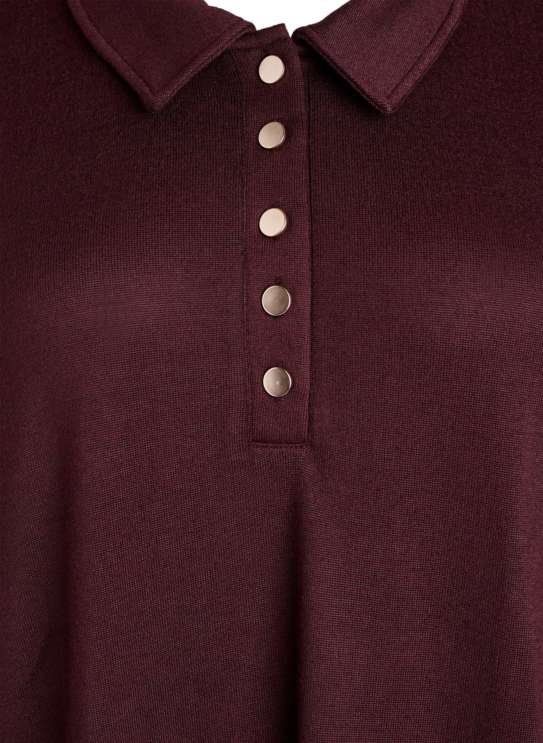 Zizzi Kurzes Polokleid mit Kn&ouml;pfen und langen &Auml;rmeln, Dunkles Bordeaux, Packshot image number 2