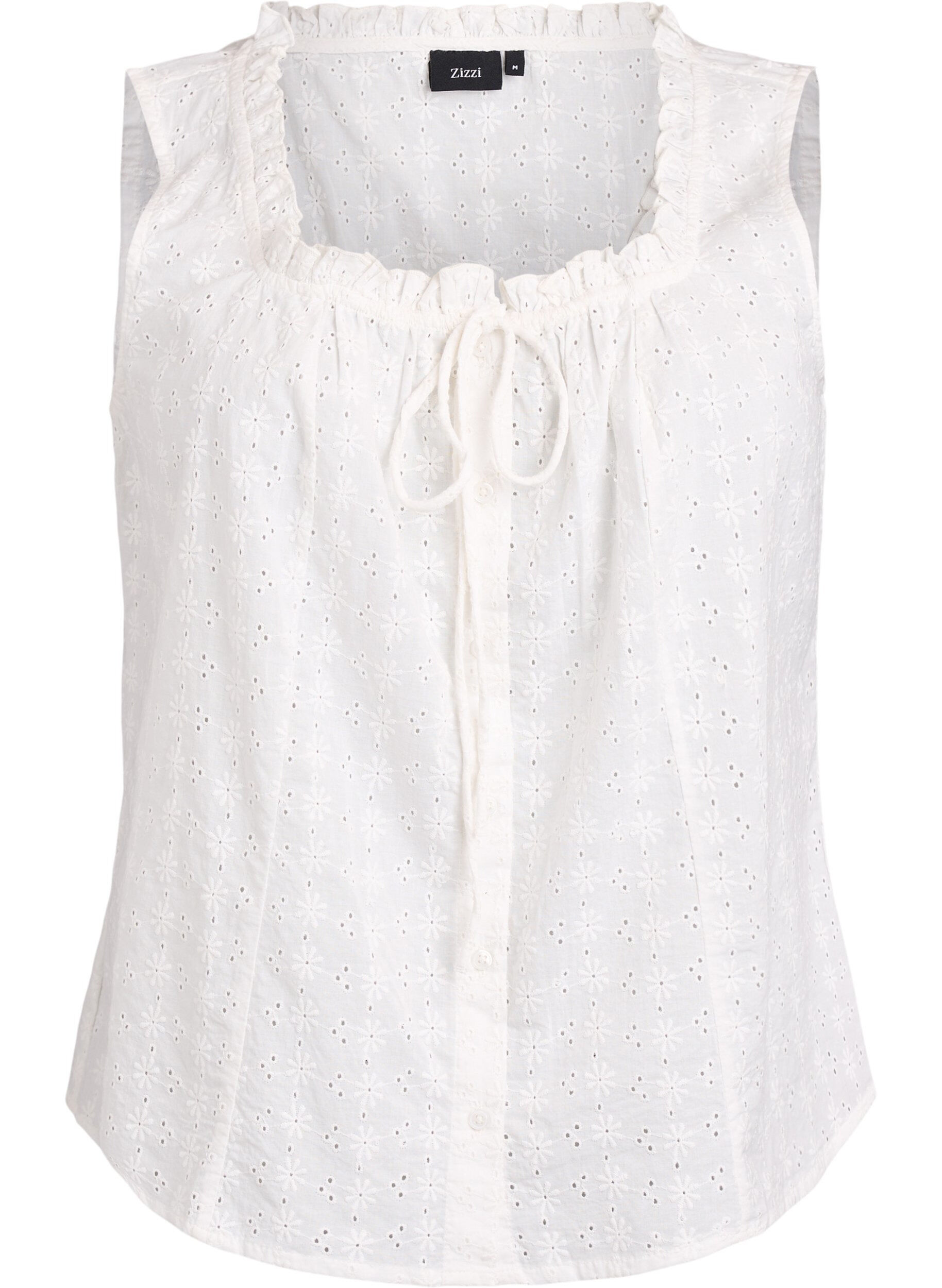 &Auml;rmellose Bluse mit Lochstickerei und R&uuml;schen