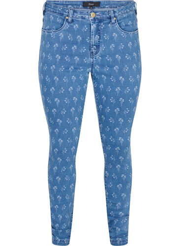 Super Slim Amy Jeans mit Blumendruck, Blue denim, Packshot image number 0