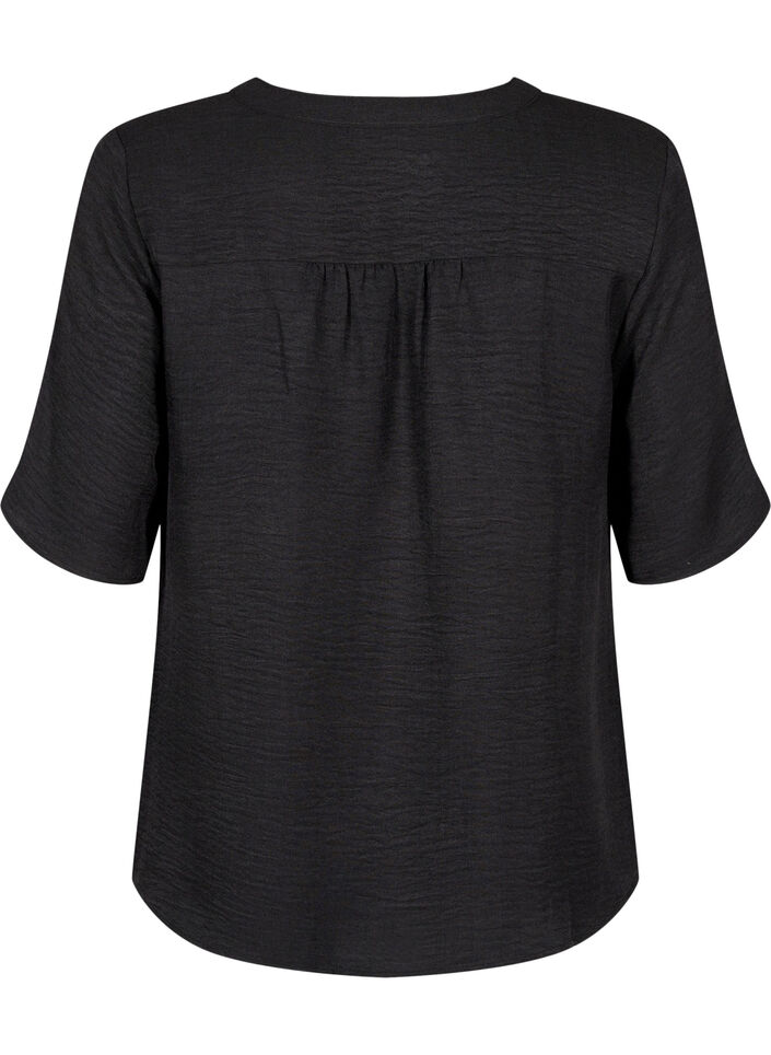 Hemdbluse mit V-Ausschnitt und kurzen &Auml;rmeln, Schwarz, Packshot image number 1