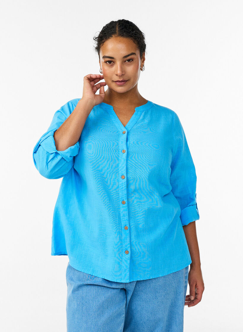 Hemdbluse aus Baumwolle mit V-Ausschnitt, Blau, Model image number 0
