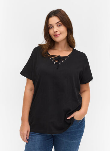 T-Shirt aus Bio-Baumwolle mit Schnüren Details, Black, Model image number 0