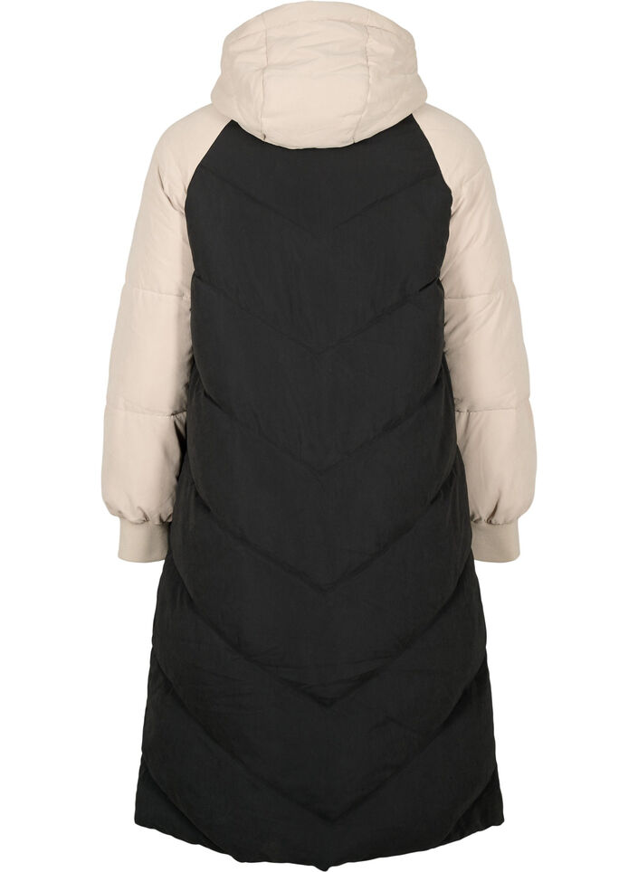 Lange Colorblock-Winterjacke mit Kapuze, Black Comb, Packshot image number 1