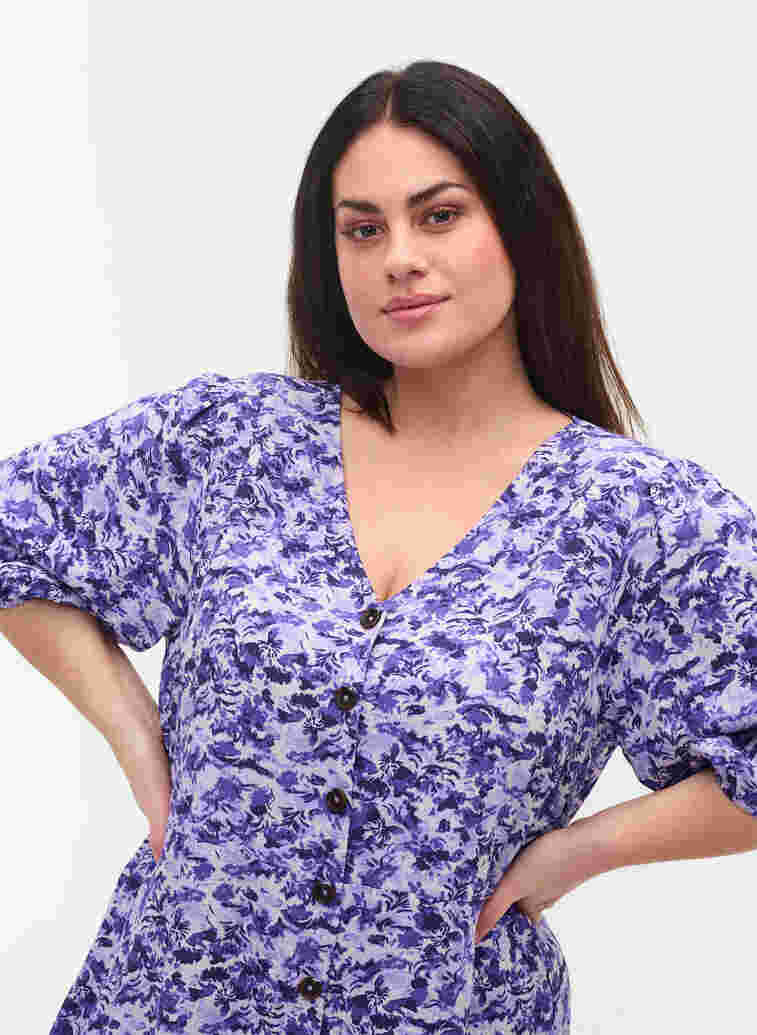 Kleid mit Knöpfen und 3/4-Ärmeln, Purple AOP, Model image number 2