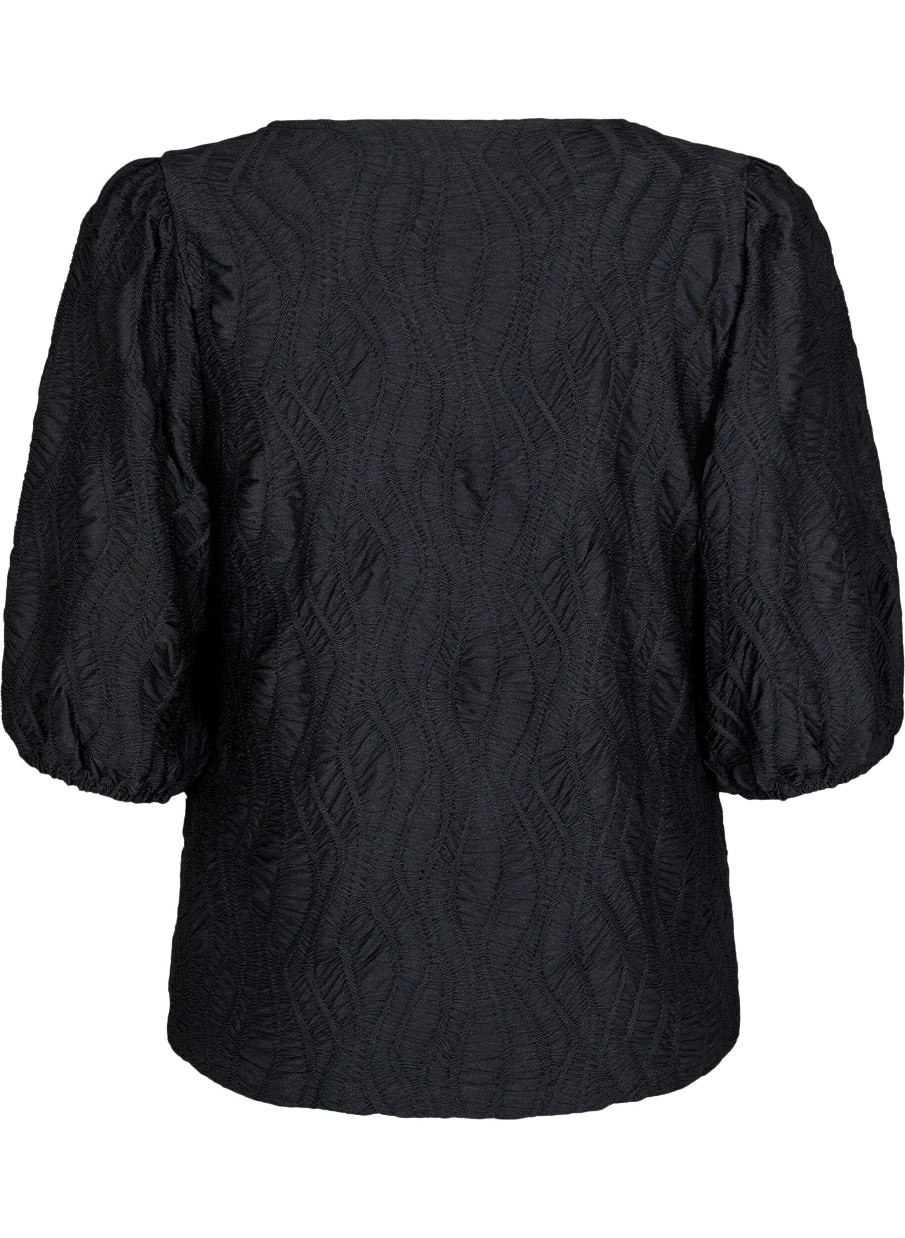ZizziBluse mit Struktur und 3/4-&Auml;rmeln, Schwarz, Packshot image number 1