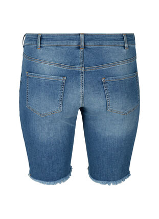 Hochtaillierte Denim-Shorts mit Fransensaum, Dark blue denim, Packshot image number 1