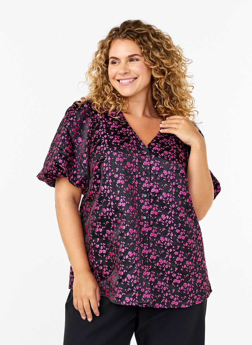Bluse mit kurzen Ärmeln und aufgesticktem Muster, Schwarz, Model image number 0
