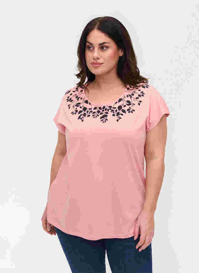 T-Shirt aus Baumwolle mit Printdetails, Blush mel Leaf, Model image number 0