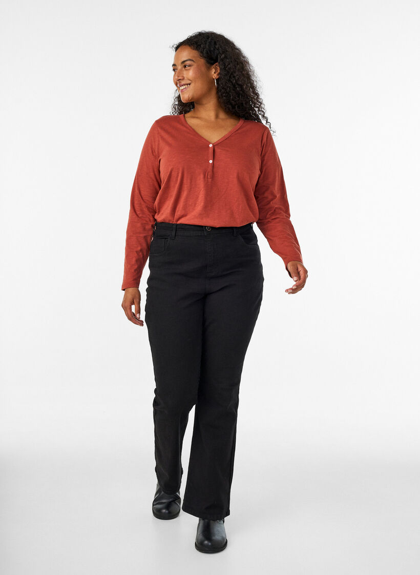 Langarmshirt mit V-Ausschnitt und Kn&ouml;pfen, Braun, Model image number 1