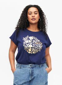 T-Shirt aus Bio-Baumwolle mit Golddruck, Med.Blue Gold Flower, Model