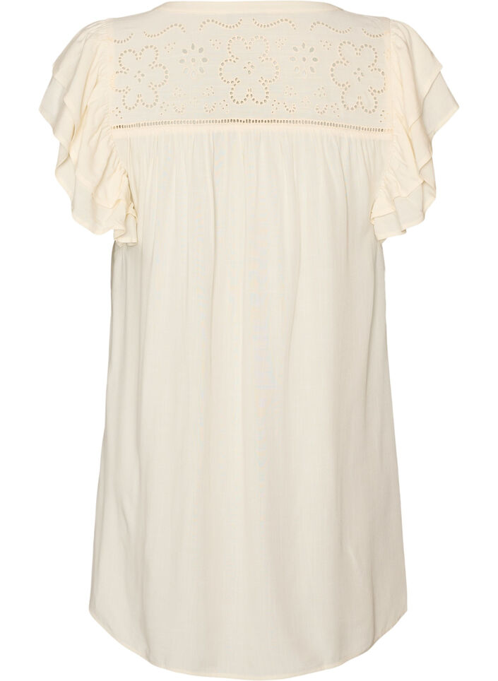 Tunika mit Broderie Anglaise und R&uuml;schen&auml;rmeln, Beige, Packshot image number 1
