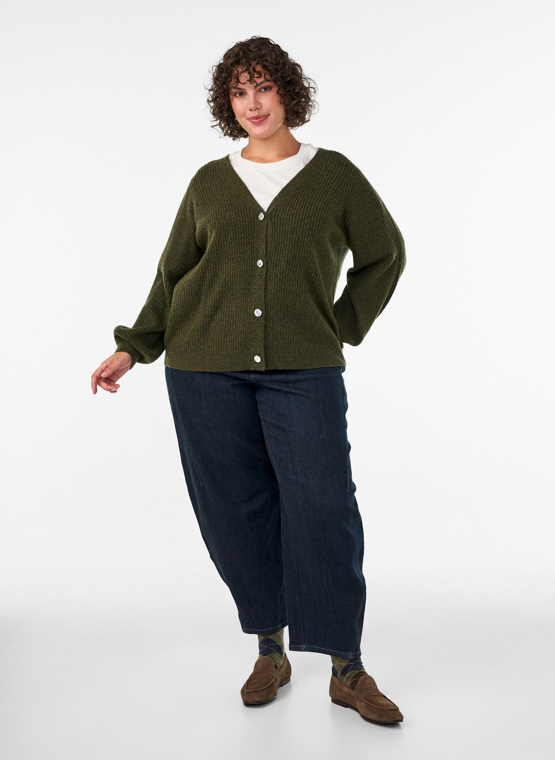 ZizziStrickjacke mit V-Ausschnitt und Rippstruktur, Gr&uuml;n, Model image number 1