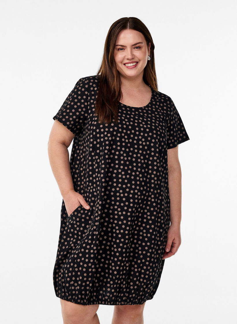 Kurz&auml;rmliges Baumwollkleid mit Aufdruck, Braun, Model image number 0
