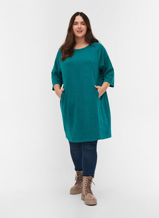 Aktionsartikel - Sweatkleid aus Baumwolle mit Taschen und 3/4-Ärmeln, Teal Green Melange, Model image number 2