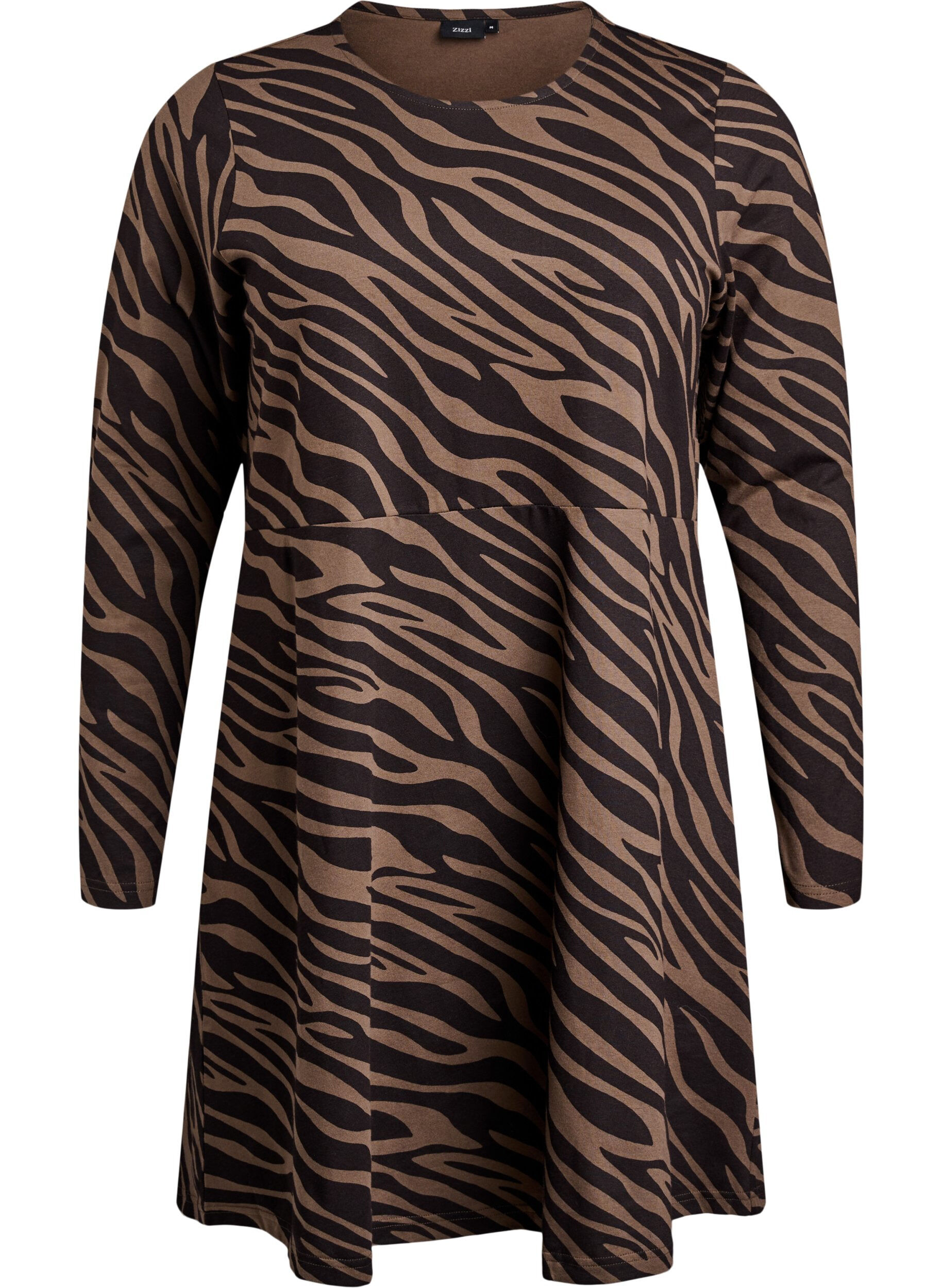 Zizzi Lang&auml;rmeliges Kleid mit Rundhalsausschnitt und Zebraprint, Walnut Zebra, Packshot image number 0