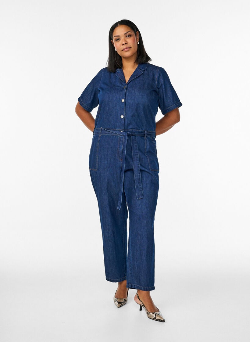 Denim-Jumpsuit mit kurzen &Auml;rmeln und Bindeg&uuml;rtel, Blau, Model image number 0