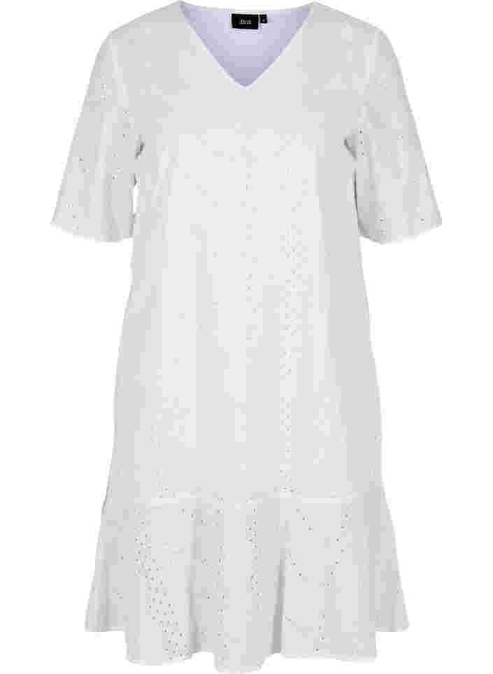 Kurzarm Baumwollkleid mit Lochstickerei, Bright White, Packshot image number 0