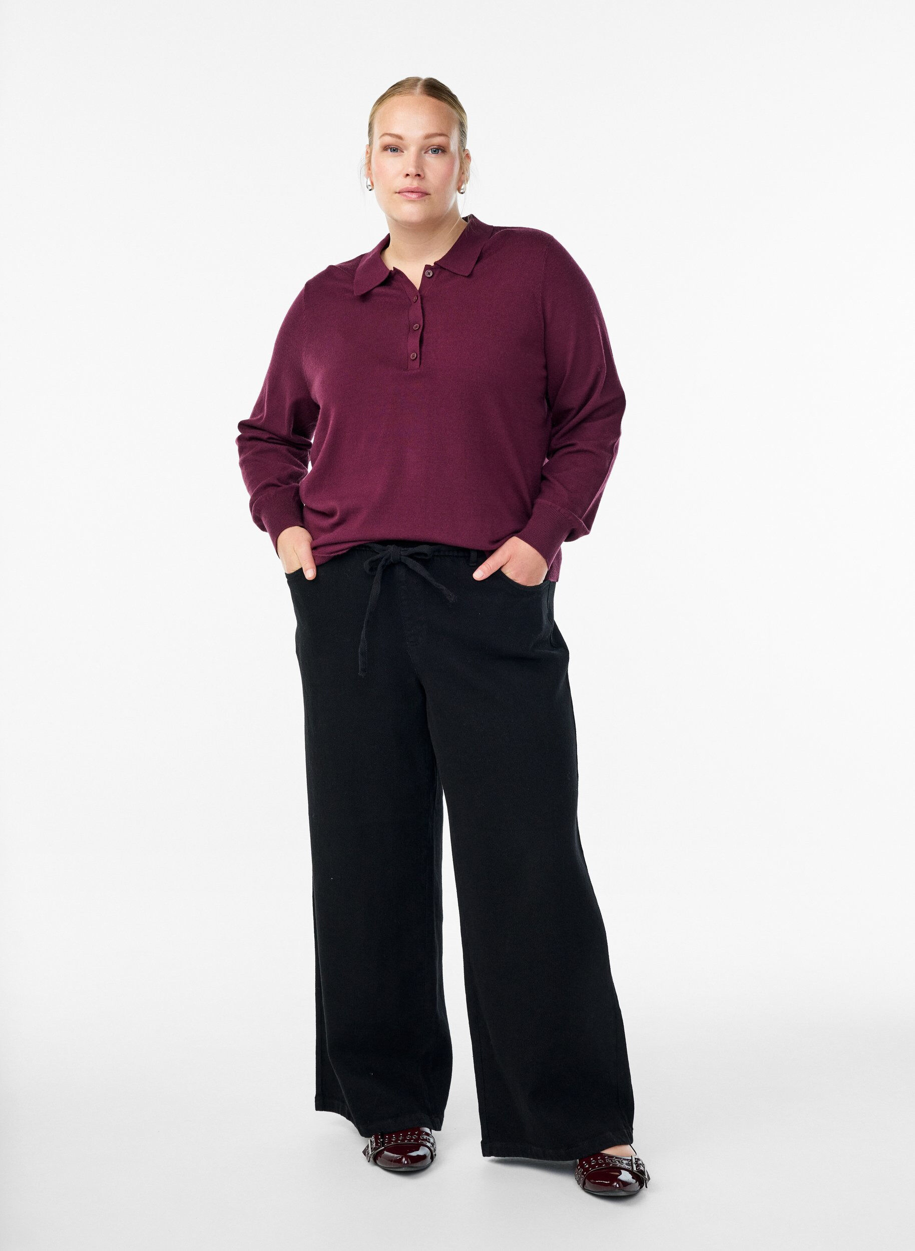 Zizzi Strickbluse mit Kragen, Dunkles Bordeaux, Model image number 1