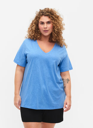Kurzärmeliges Basic T-Shirt mit V-Ausschnitt, Provence , Model image number 0
