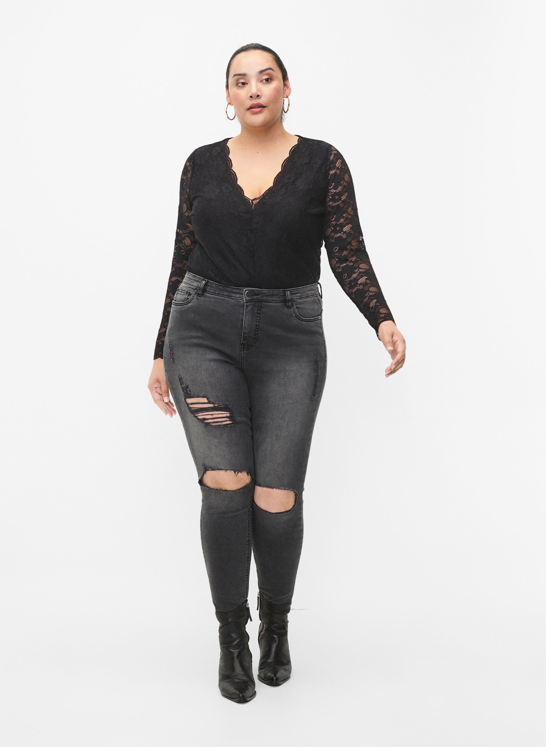 Zizzi Eng anliegende Jeans mit Schlitzen, Grey Denim, Model image number 0