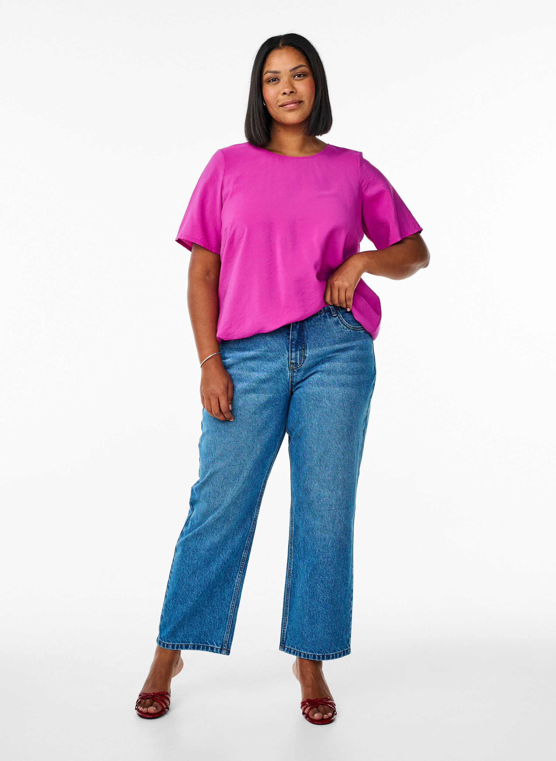 Zizzi Bluse mit kurzen &Auml;rmeln und elastischem Saum, Pink, Model image number 1