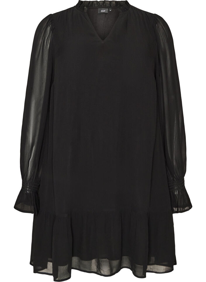 Kleid aus Viskose mit R&uuml;schen und transparenten &Auml;rmeln, Schwarz, Packshot image number 0