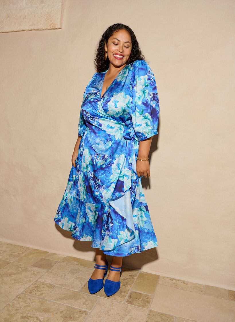 Geblümtes Wickelkleid mit 3/4-Ärmeln, Blau, Image image number 0