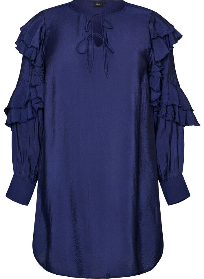 Viskosekleid mit R&uuml;schen und Bindeb&auml;ndern, Blau, Packshot image number 0