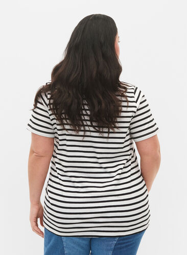 Baumwoll-T-Shirt mit Streifen und V-Ausschnitt, B. White/Bl. Stripes, Model image number 1