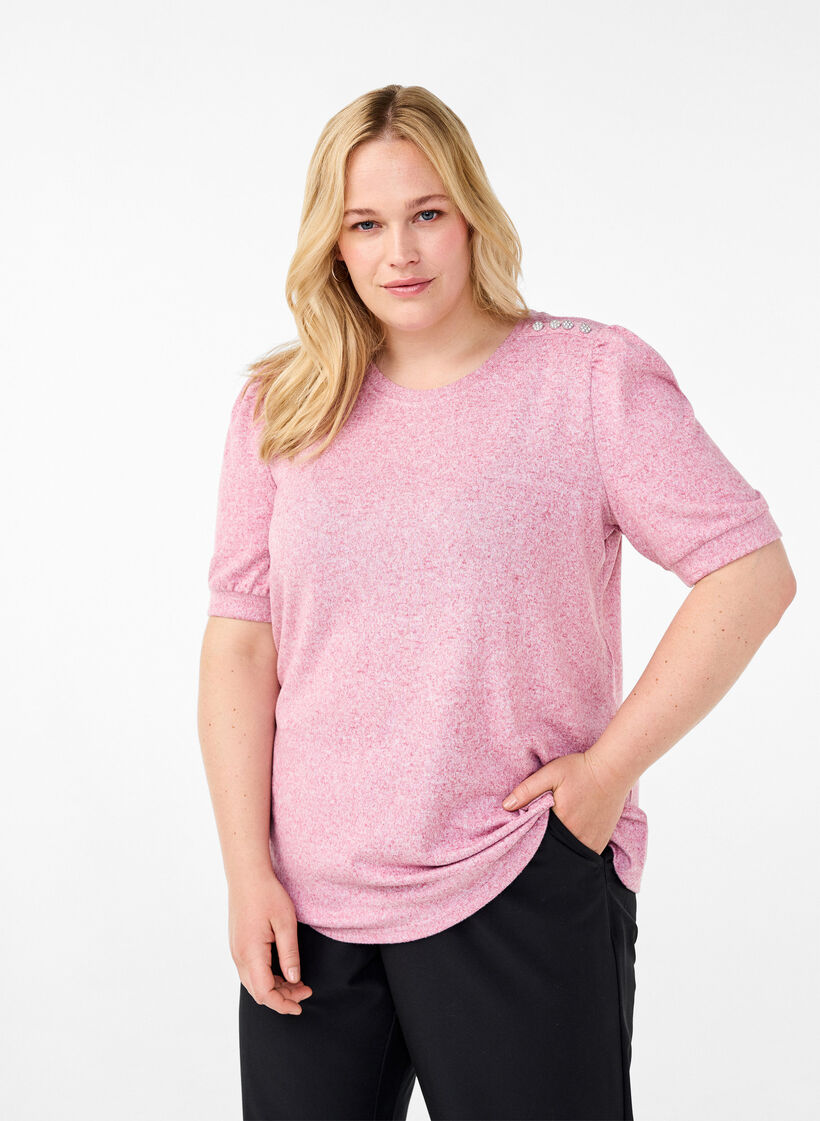 Bluse mit Knopfdetail und kurzen Puffärmeln, Rot, Model image number 0