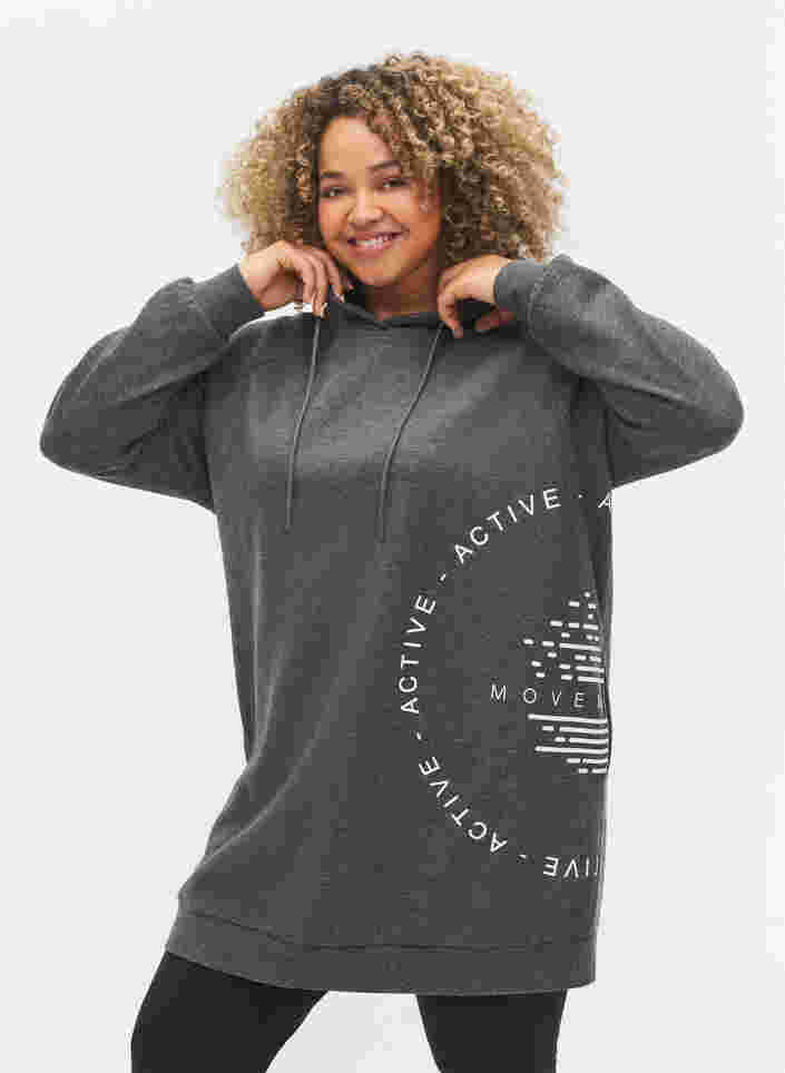 Langes Sweatshirt mit Kapuze und Printdetails, Dark Grey Melange, Model