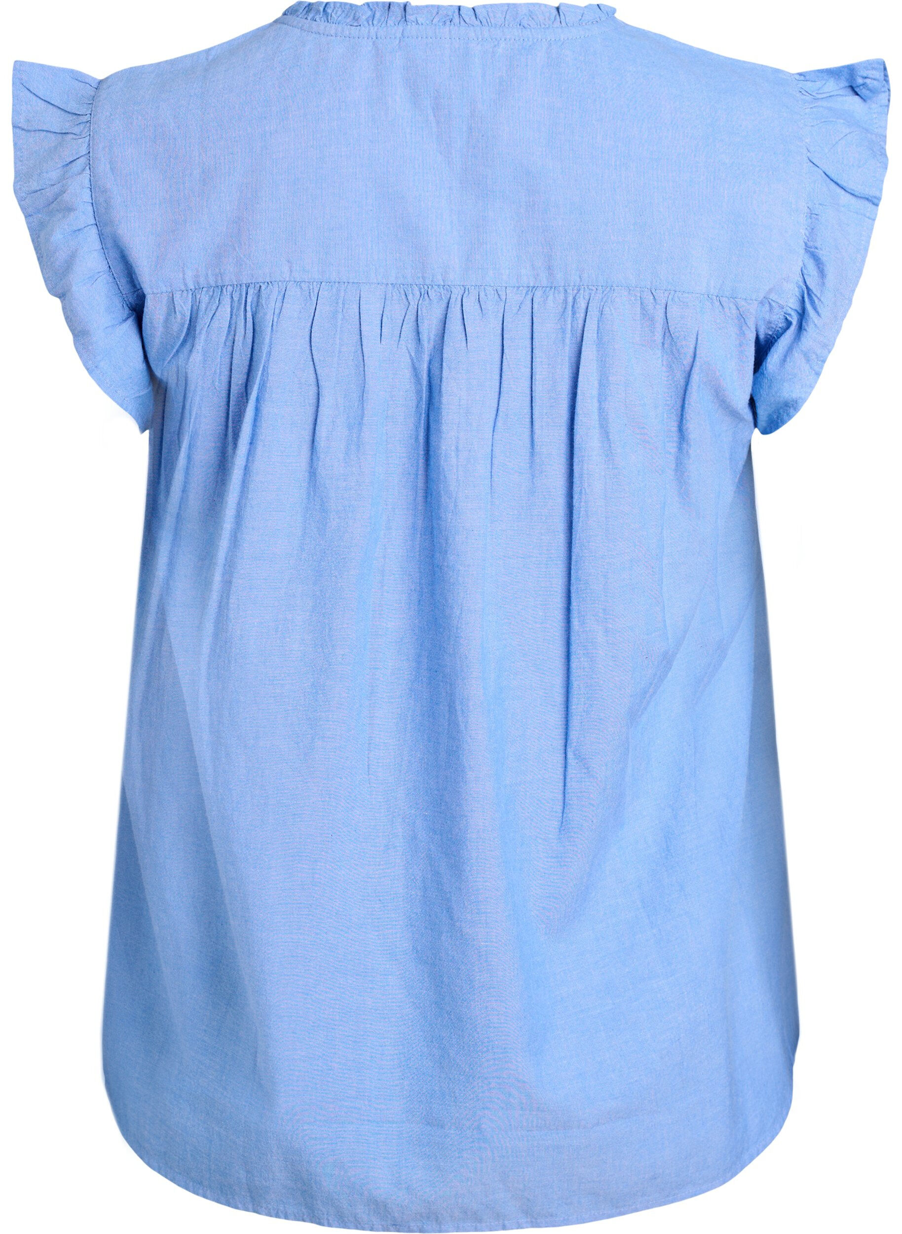 Zizzi&Auml;rmellose Bluse aus Baumwolle mit R&uuml;schenkanten, Blau, Packshot image number 1