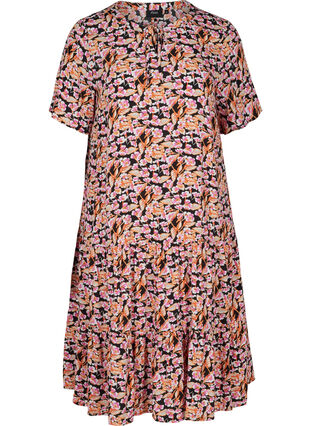 Kurzarm Viskosekleid mit Print, Pink Flower on Black, Packshot image number 0