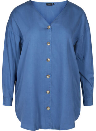 Bluse aus Lyocell mit V-Ausschnitt, Blue denim, Packshot image number 0