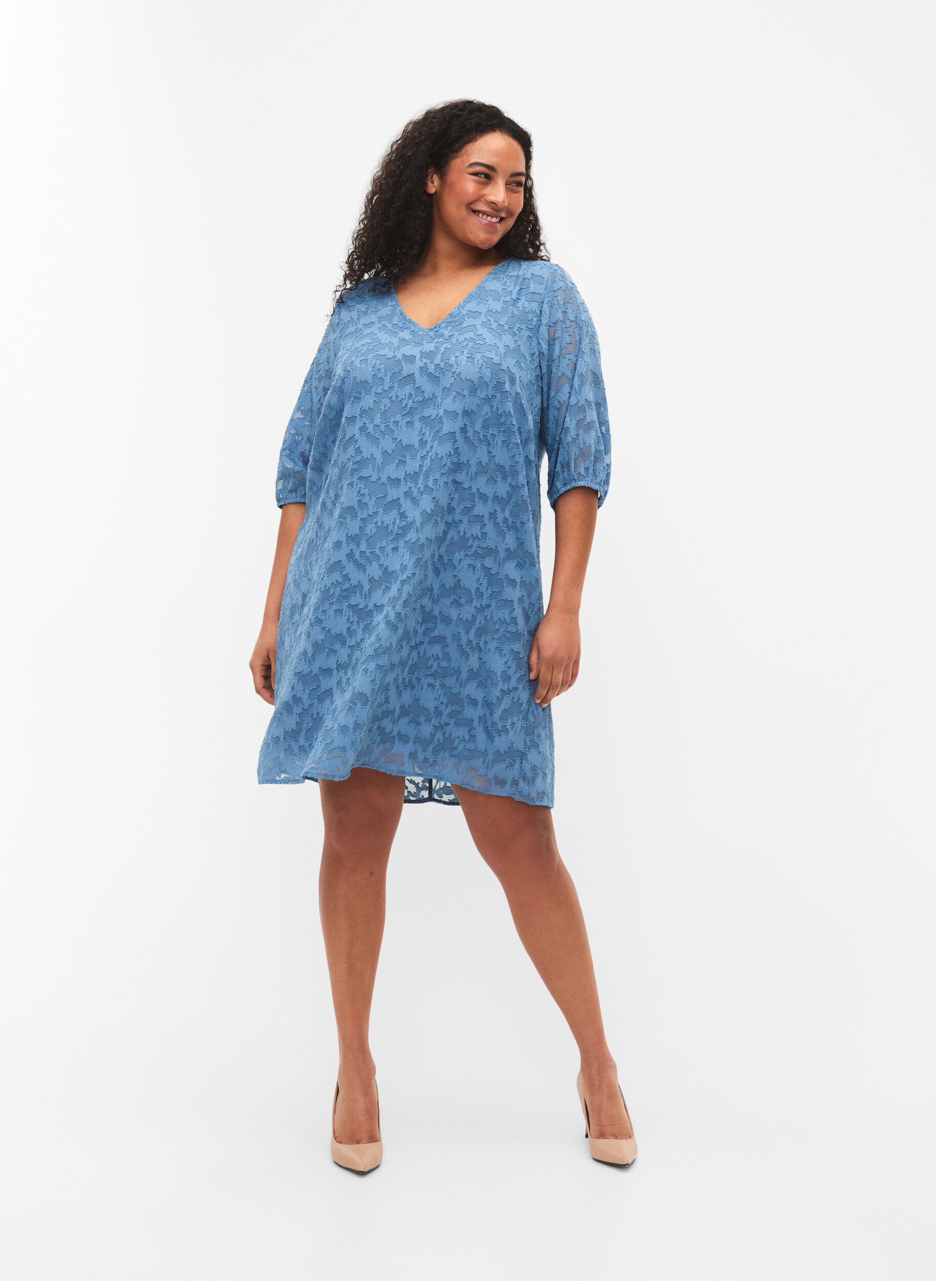 Zizzi Kurz&auml;rmeliges Kleid mit Struktur, Coronet Blue, Model image number 2