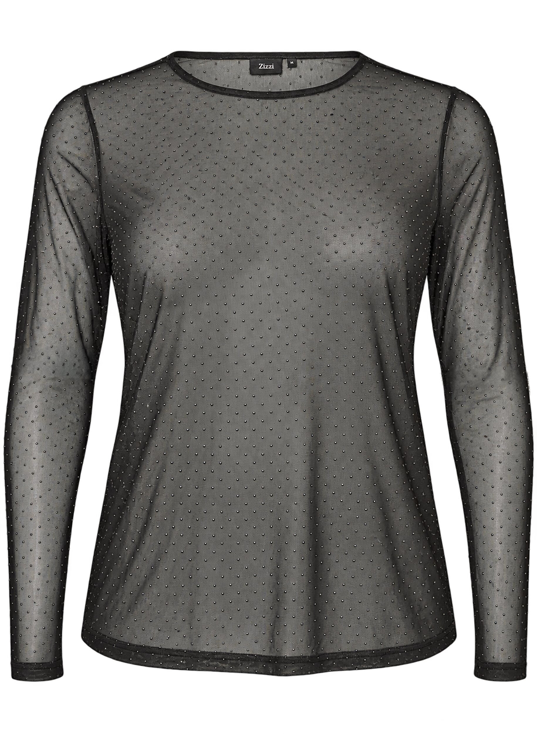 ZizziTransparente Bluse aus Mesh mit Strasssteinen, Schwarz, Packshot image number 0