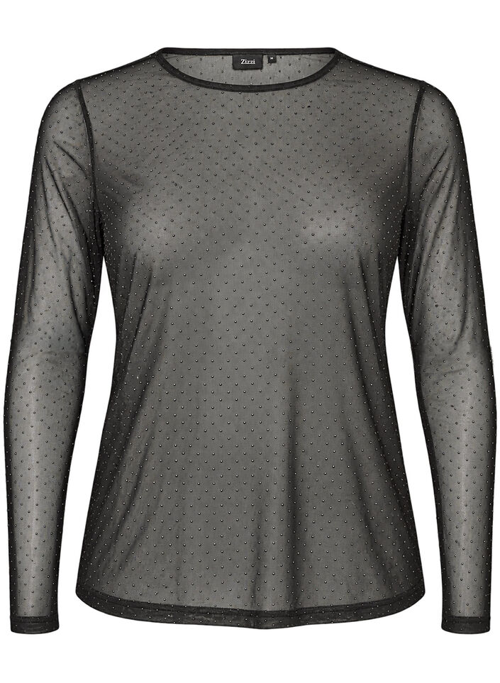 Transparente Bluse aus Mesh mit Strasssteinen, Schwarz, Packshot image number 0