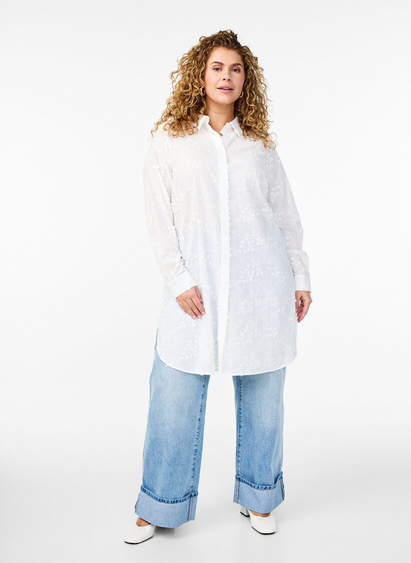 Hemdblusenkleid mit gestickten Blumen, Weiß, Model image number 1