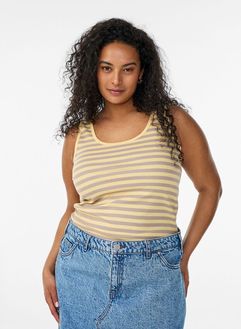 Gestreiftes Tanktop mit Rippenstruktur, Gelb, Model image number 0