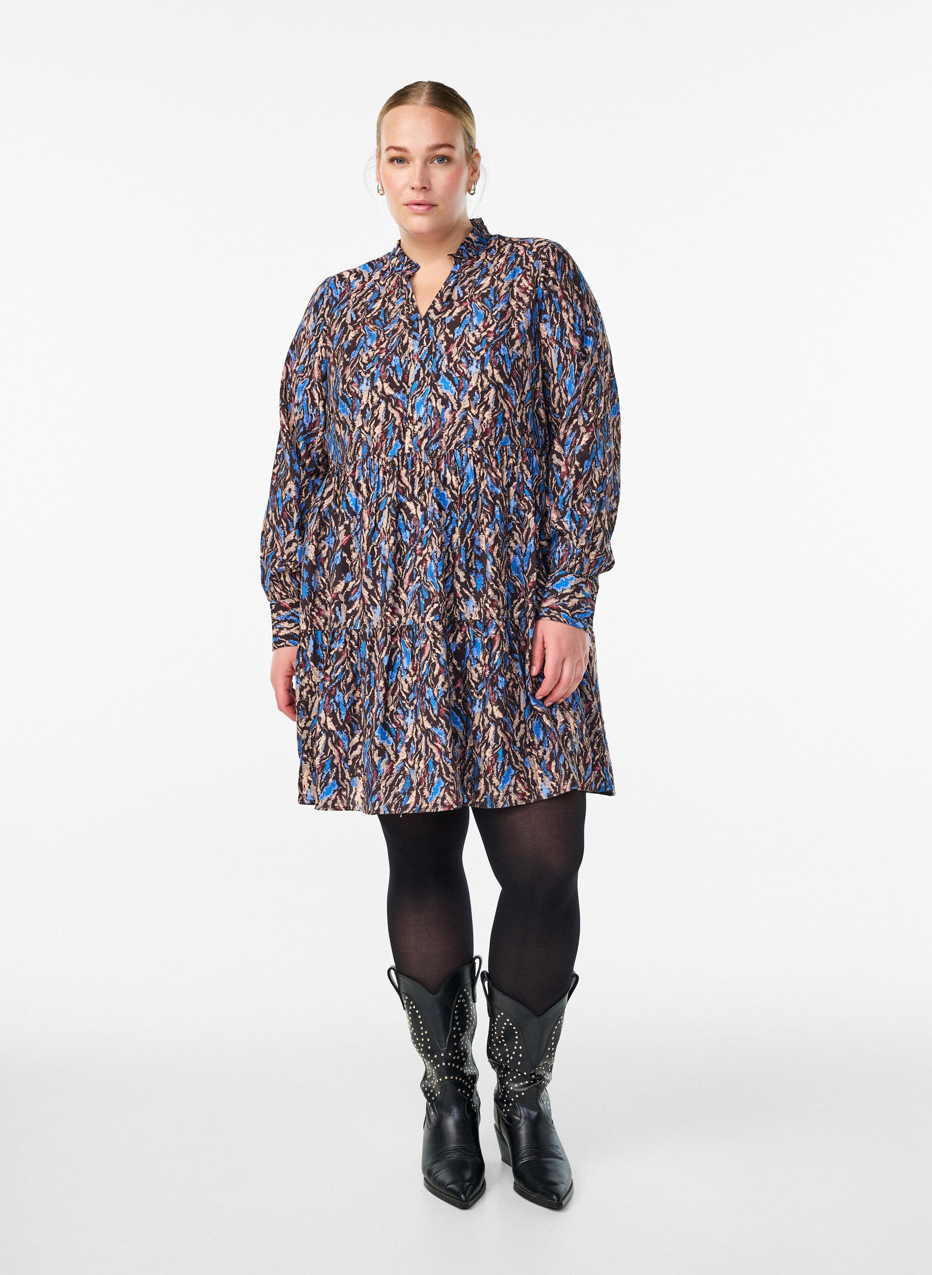 Zizzi A-Linien-Kleid mit R&uuml;schenkragen, Blau, Model image number 1