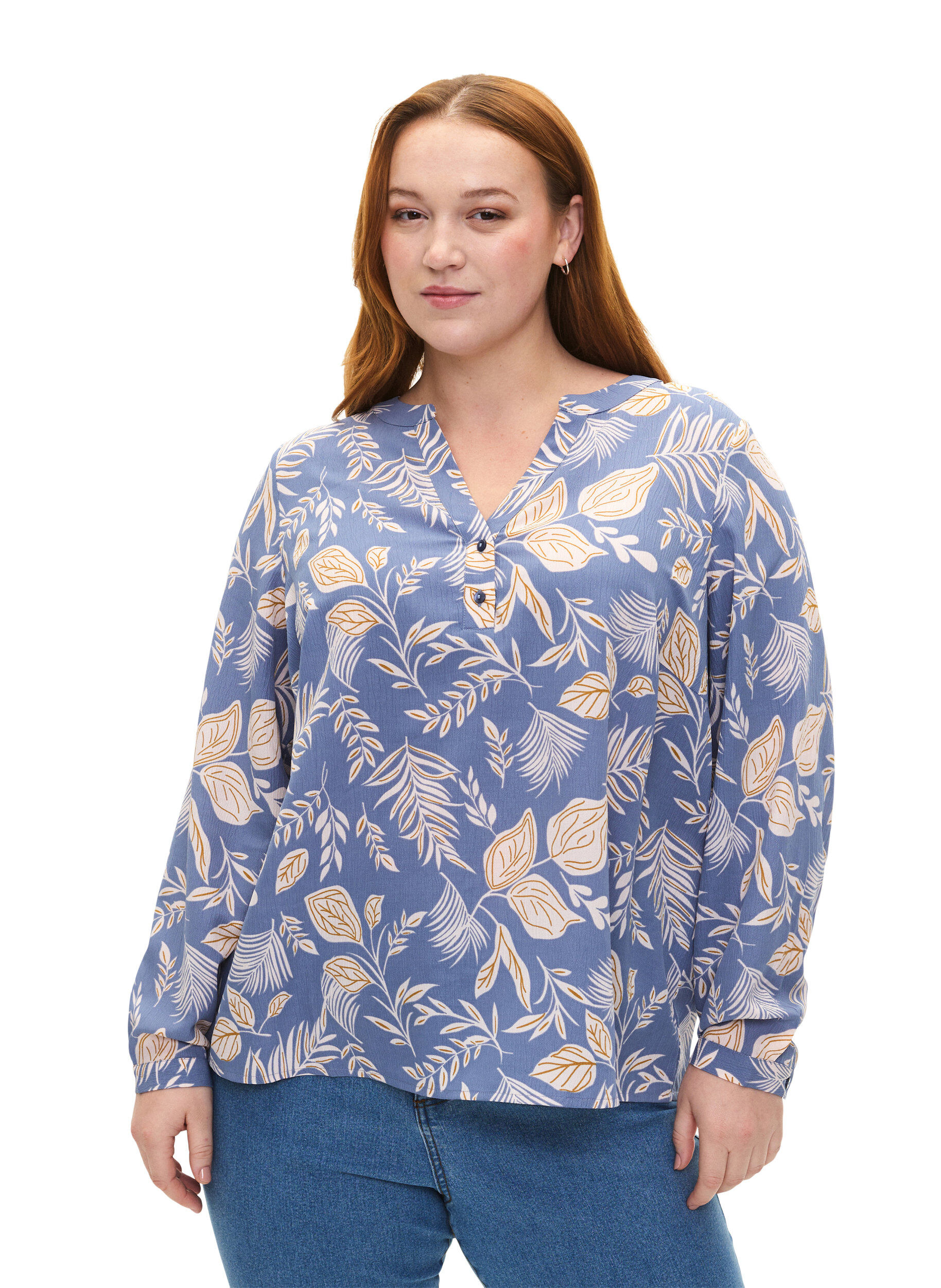 Zizzi FLASH &ndash; Lang&auml;rmlige Bluse mit Druck, Delft AOP, Model image number 0