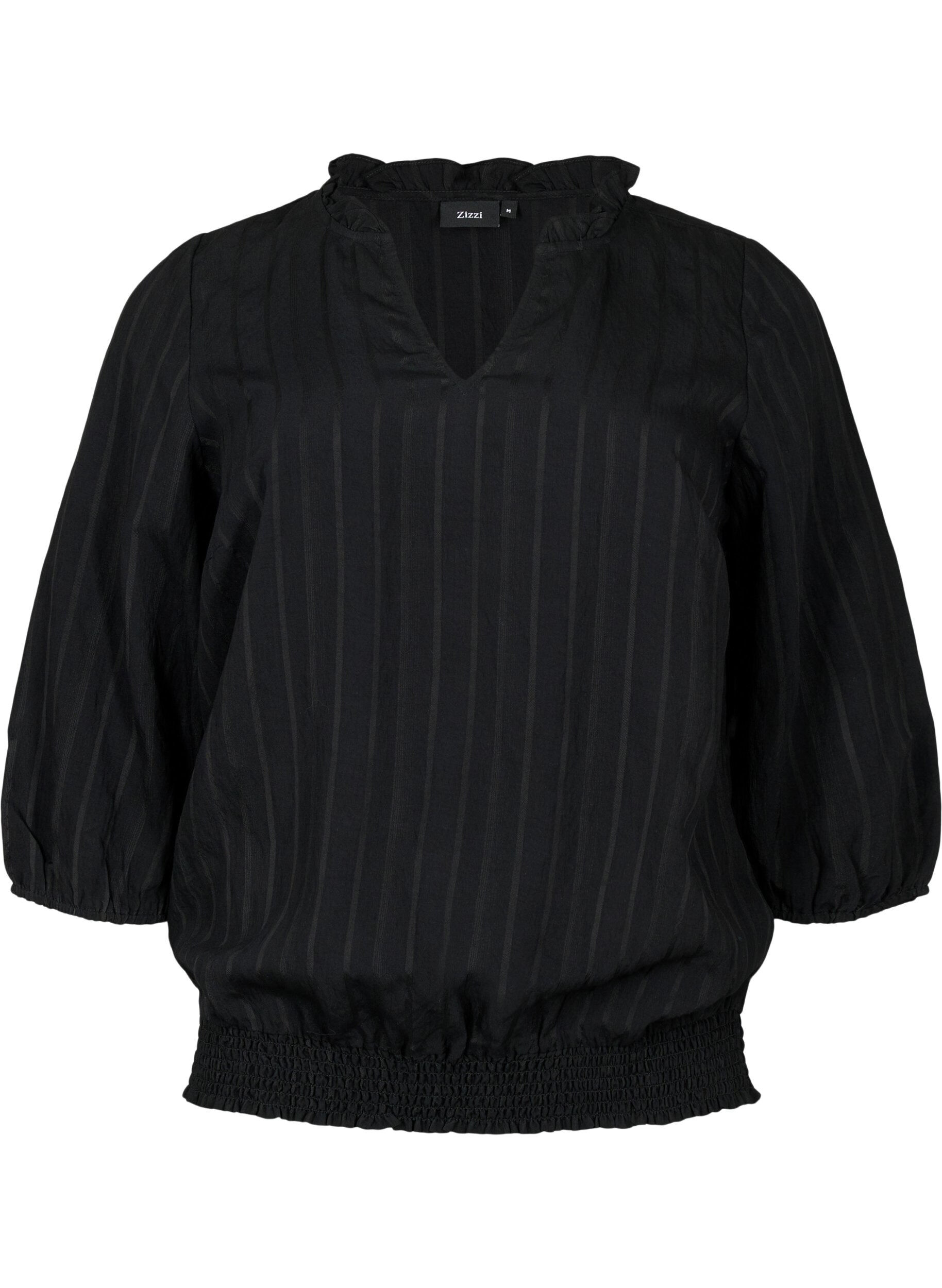 Zizzi Viskose Bluse mit 3/4 &Auml;rmeln und Smock, Black, Packshot image number 0