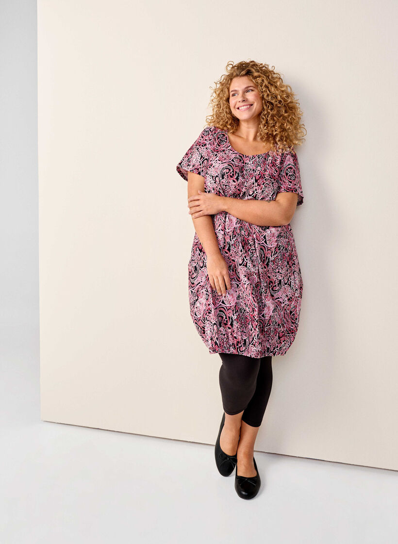 Kurz&auml;rmliges Baumwollkleid mit Aufdruck, Schwarz, Image image number 0