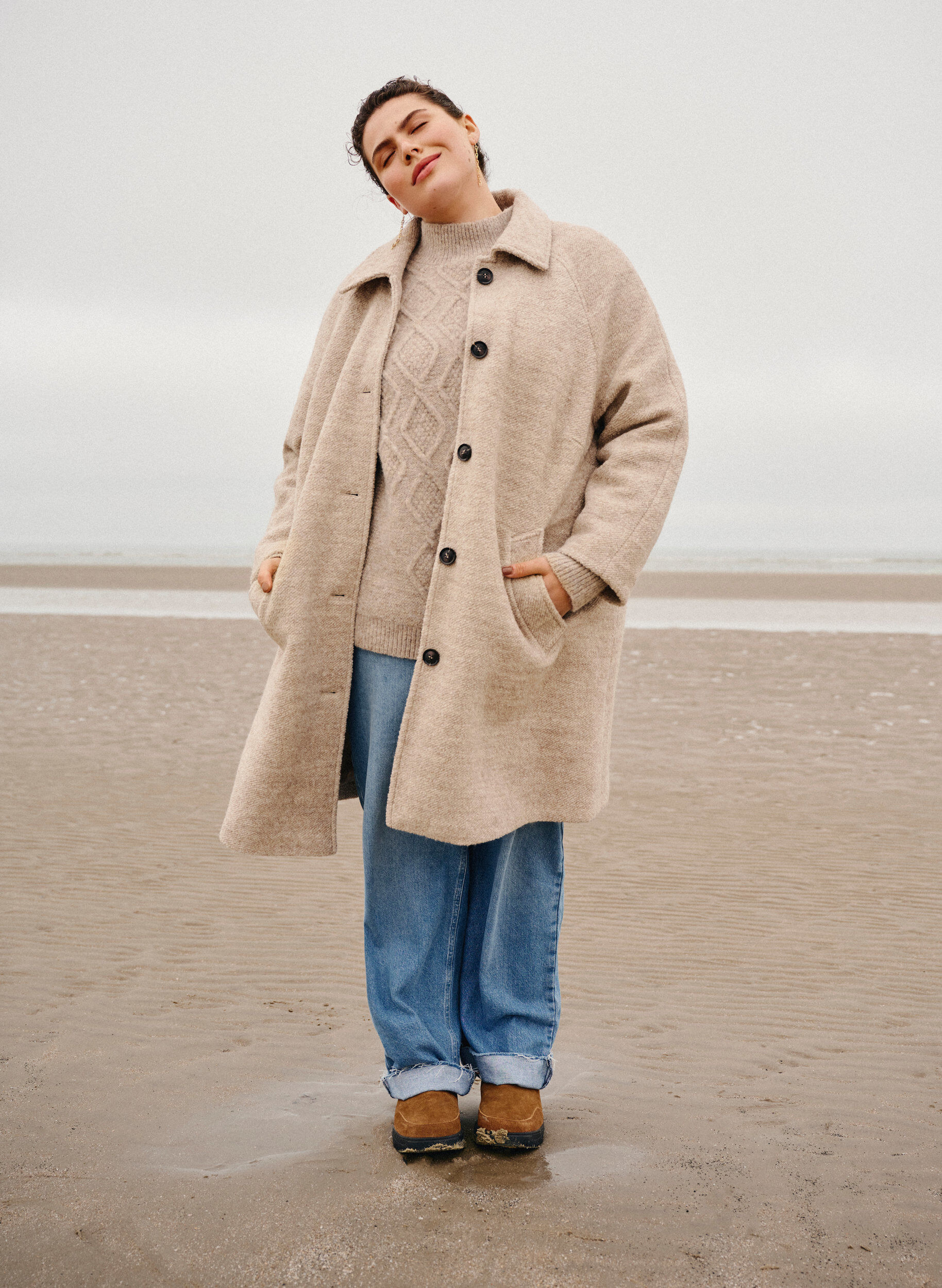 Zizzi Plaid Boucl&eacute; Mantel mit Kn&ouml;pfen, Simply Taupe, Image image number 1