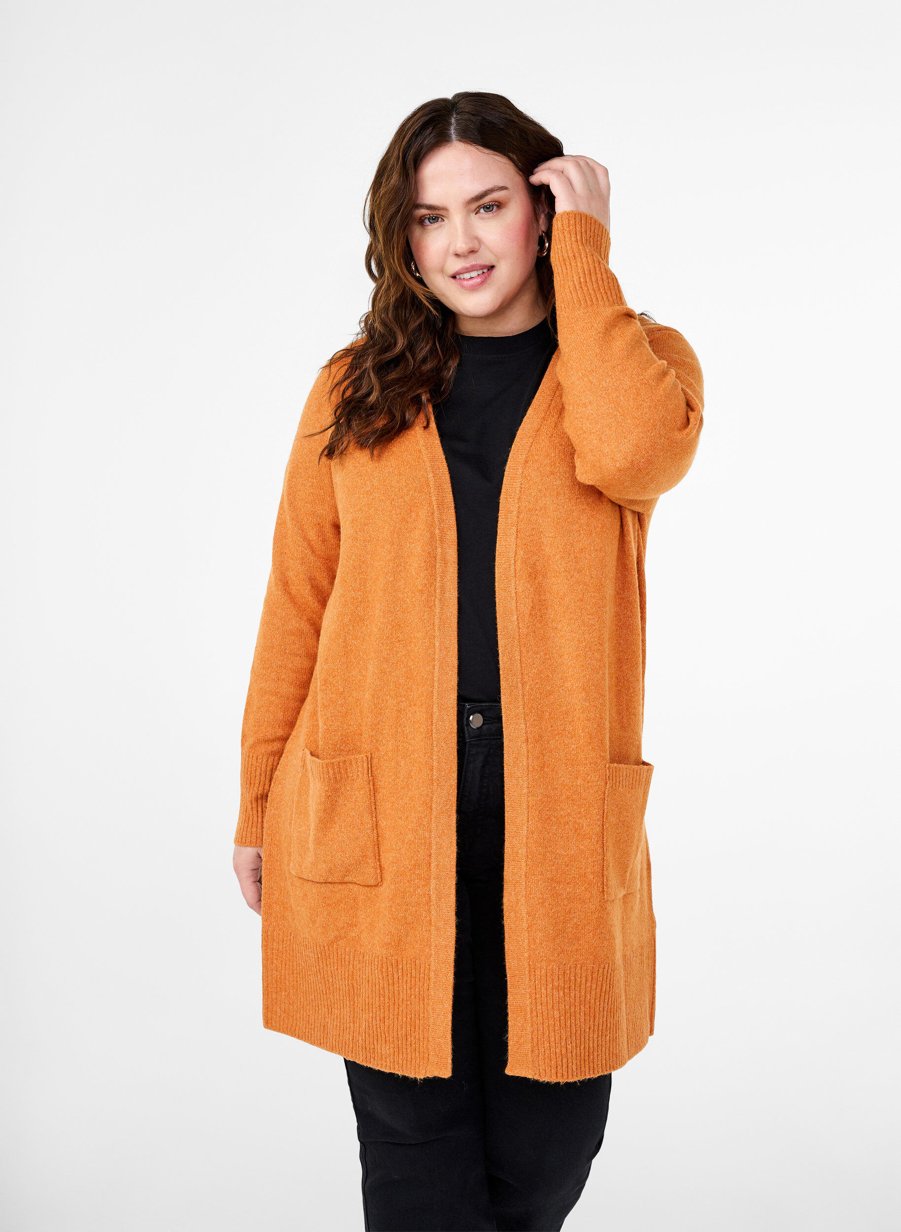 Zizzi Strickjacke mit Rippenstrick und Taschen, Orange, Model image number 0