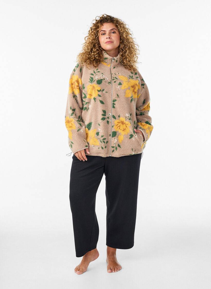 Gebl&uuml;mte Fleecejacke mit hohem Kragen und Rei&szlig;verschluss, Beige, Model image number 1